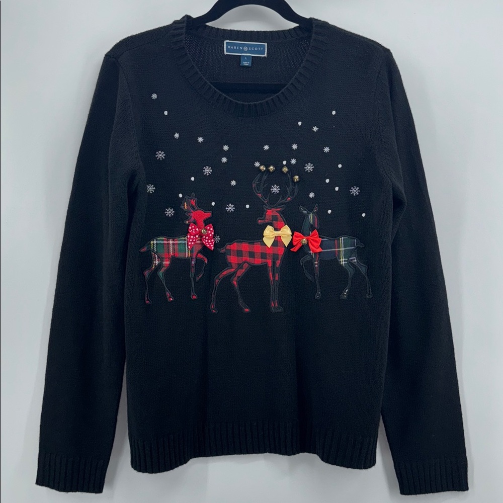 Karen Scott Patchwork‎ Reindeer Sweater Crewneck Size Large - Picture 4 of 8